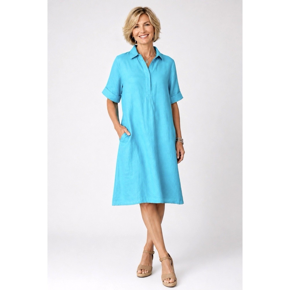 Chico's 100% Linen Button Front Shirt Dress Teal Blue SZ 8